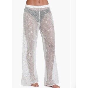 Sunshine 79 Women's Sz L Standard Palazzo Pants Swim White Shine Crochet Covers